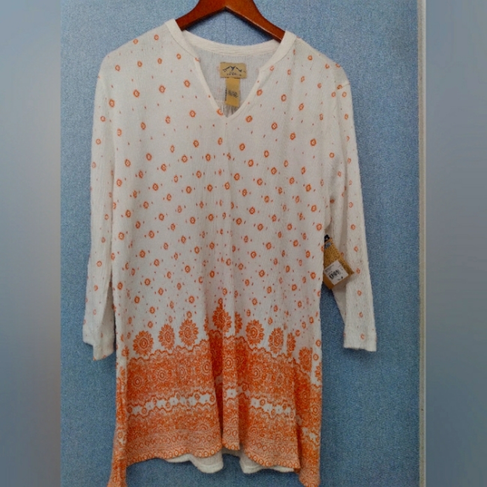 Boho White & Coral Floral Print V-Neck Tunic Top 3/4 Sleeve Casual Summer Blouse